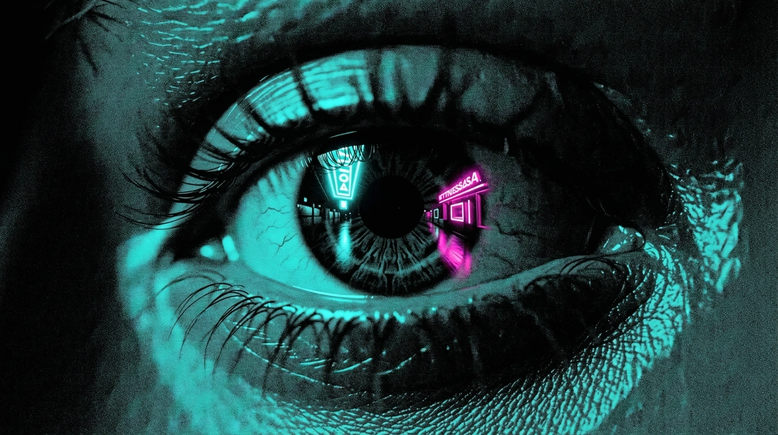 Ochi uman reflectând lumini neon pe un fundal întunecat